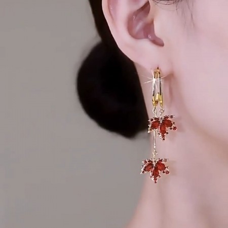 Fashion Red Maple Leaf Gold Plated Ear Hoop Earrings Dangle Women Jewelry