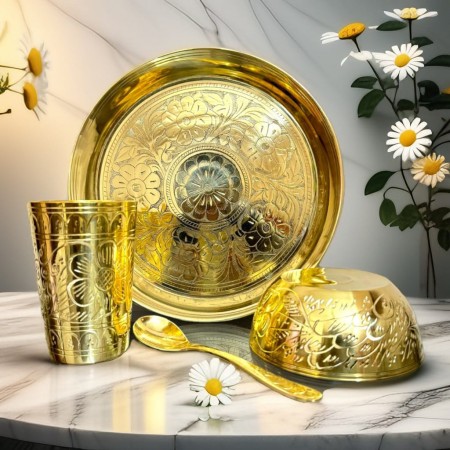 সেট  2 কাঁসা-পিতলের প্লেট,বাটি,গ্লাস এবং চামচ