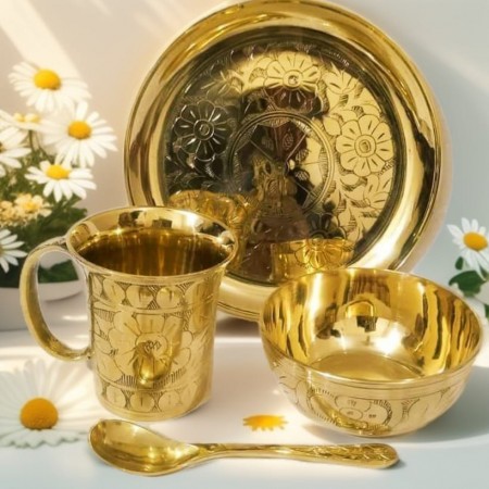 সেট 1 কাঁসা-পিতলের প্লেট মগ বাটি চামচ